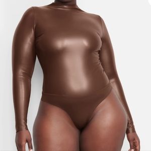 Skims Faux Learher Mock Neck Bodysuit